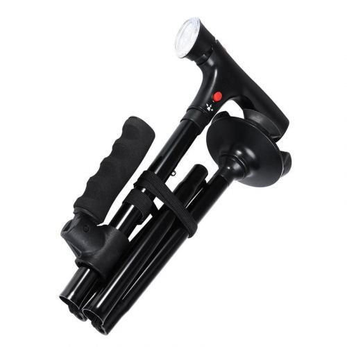 Travel-friendly folding walking cane with LED light & dual grips, perfect for daily support & balance.