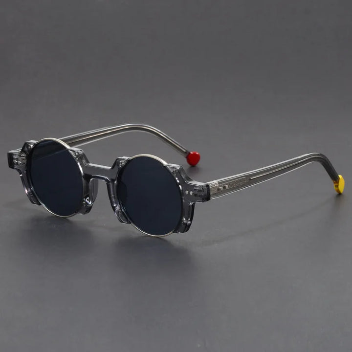Close-up of unisex futuristic round frame sunglasses, showcasing the unique design and dark UV protective lenses.
