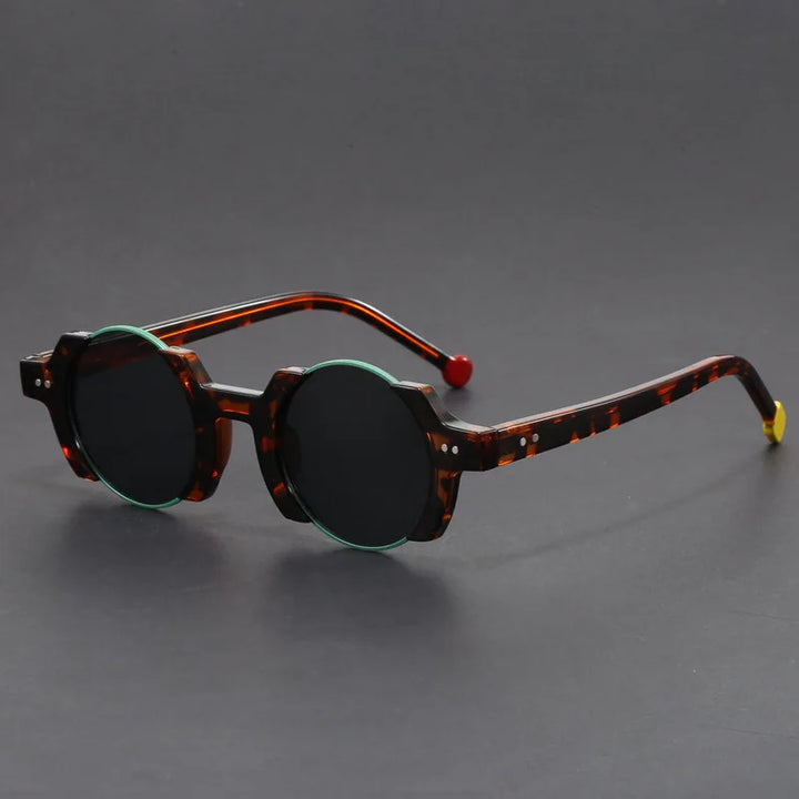 Model wearing unisex futuristic round frame sunglasses, perfect for adding a trendy accessory to any outfit.