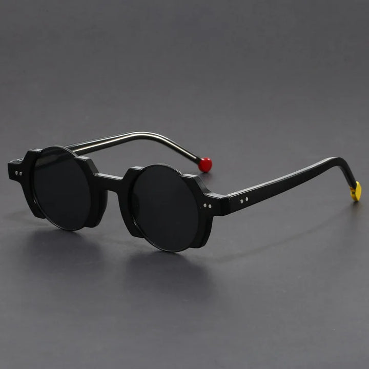 Side view of unisex futuristic round frame sunglasses, highlighting the distinct temple design and dark lenses.