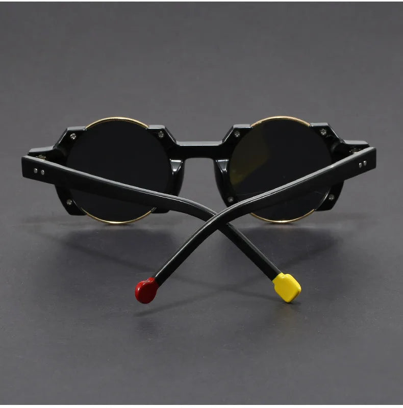 Collection of unisex futuristic round frame sunglasses in various colors for fashion-forward eyewear.