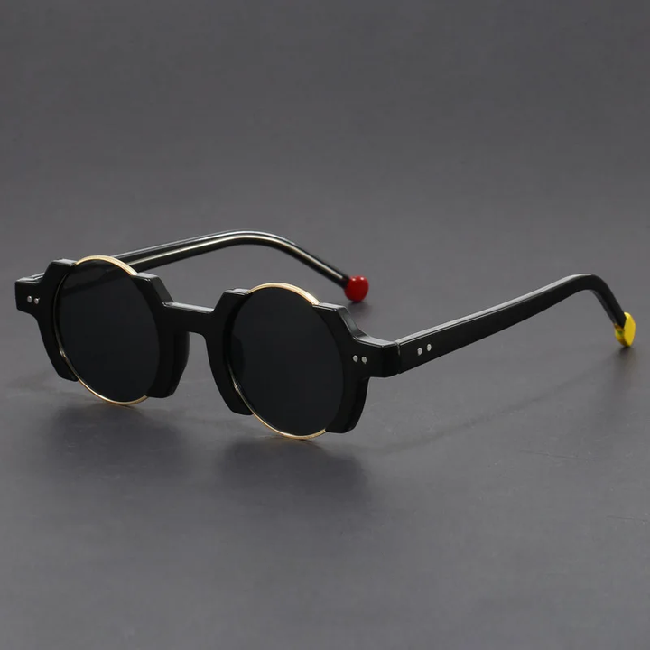 Detail shot of the hinge on unisex futuristic round frame sunglasses, showcasing quality craftsmanship.
