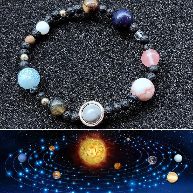 Natural stone solar system beaded bracelet, unisex design perfect for astronomy lovers and fashion.