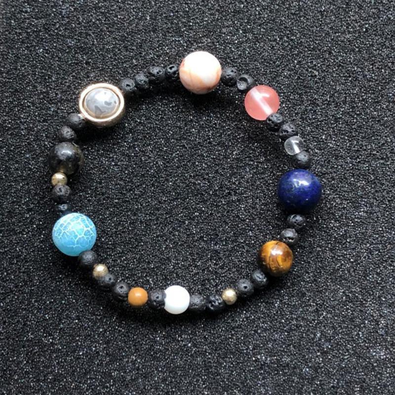 Fashionable unisex bracelet featuring natural gemstone beads arranged as the solar system.