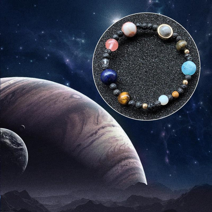 Natural stone celestial bracelet for men and women, depicting the solar system with polished beads.