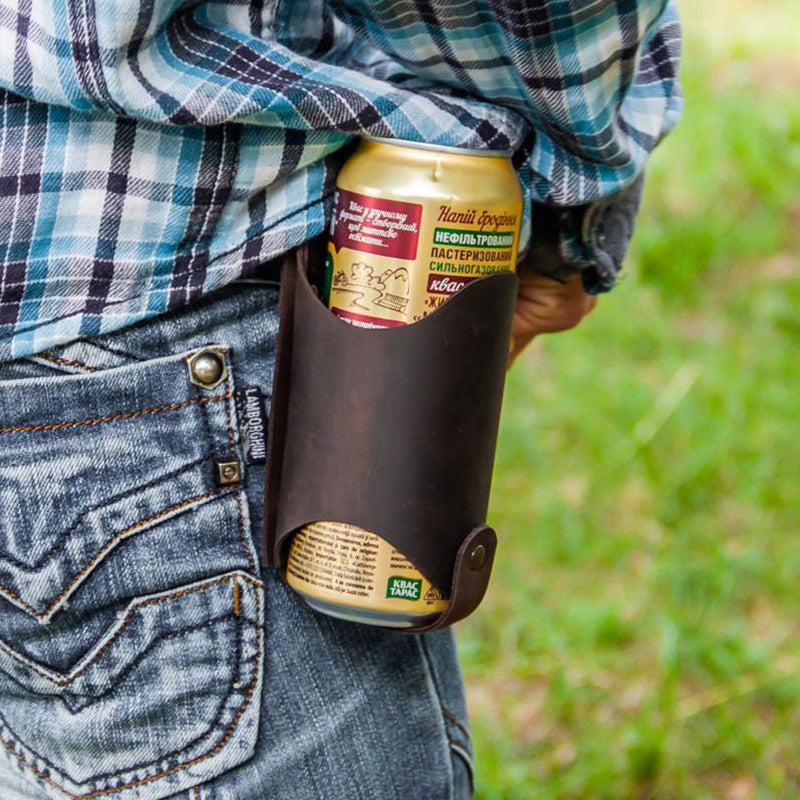 Unisex leather gear accessory: a belt drink holder for easy, hands-free drink transport