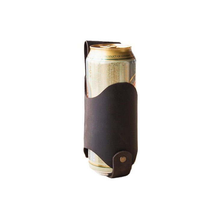 Portable beverage holder crafted from high-quality leather, designed for hands-free convenience