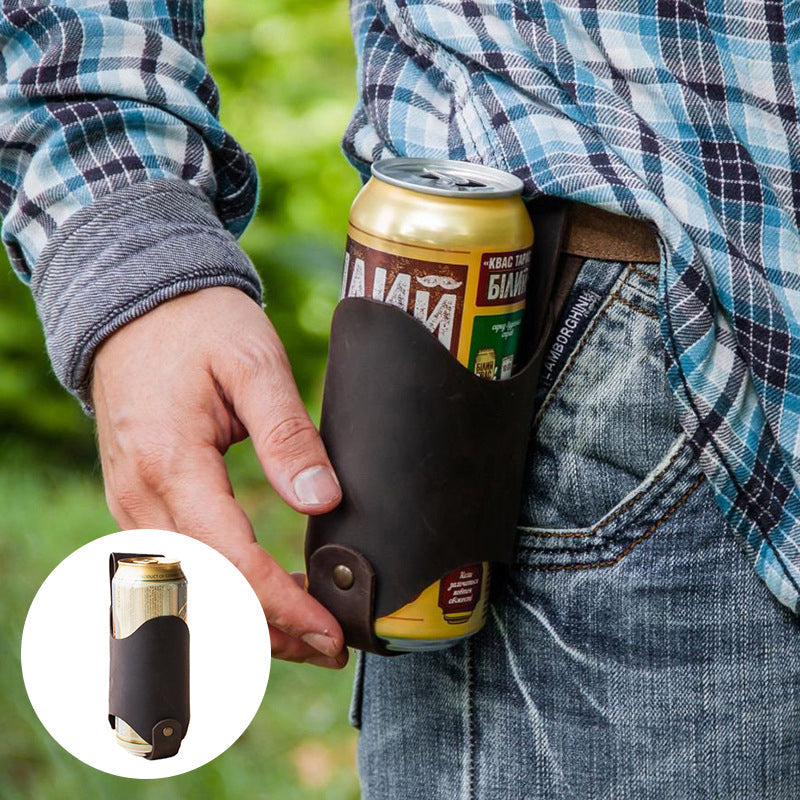 Close-up of a brown leather belt drink holder, perfect for outdoor accessories and gifts