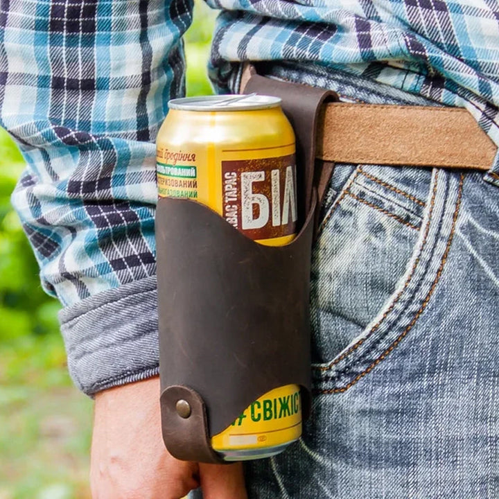 Stylish black leather drink holder attached to a belt, a practical hands-free accessory