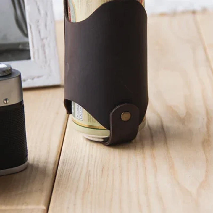 Detail of the stitching on a genuine leather belt drink holder, perfect for a mens gift