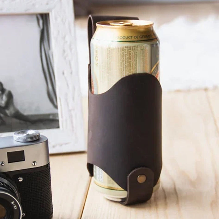 Empty leather belt drink holder, ready for your favorite beverage and outdoor activities