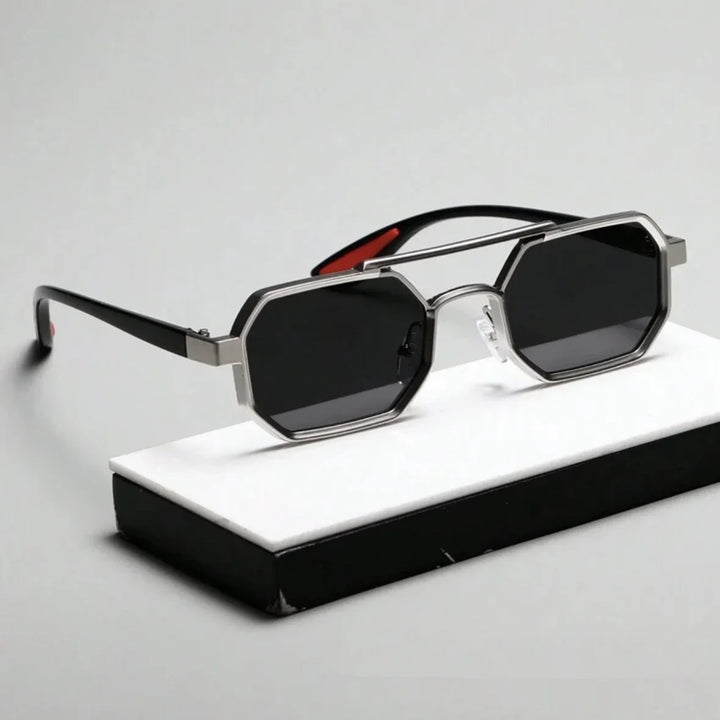 Unisex geometric sunglasses with a stylish dual-tone frame and dark lenses