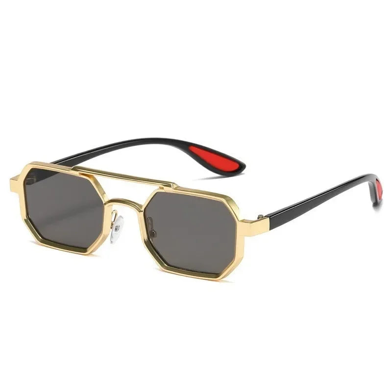Detailed image of the nose bridge and frame of dual-tone geometric unisex sunglasses