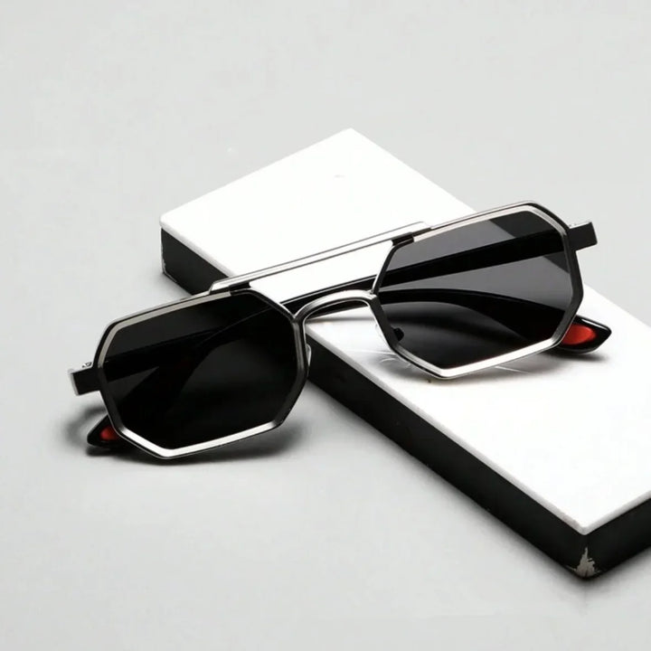 Close-up of unisex geometric sunglasses, highlighting the intricate dual-tone frame detail
