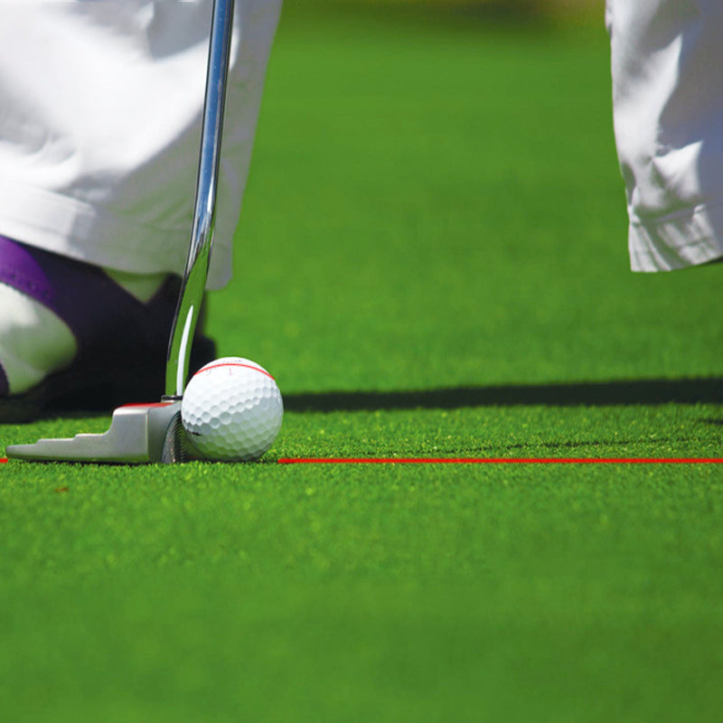 Compact laser golf training aid for putters, ensuring proper ball and club alignment