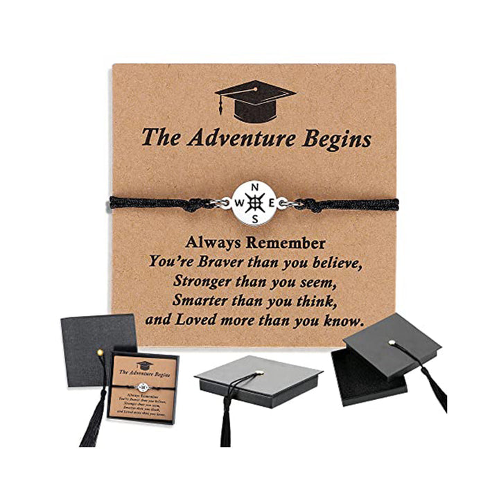 Overhead view of Graduation Compass Bracelet, gift box open, ready for presentation, unisex