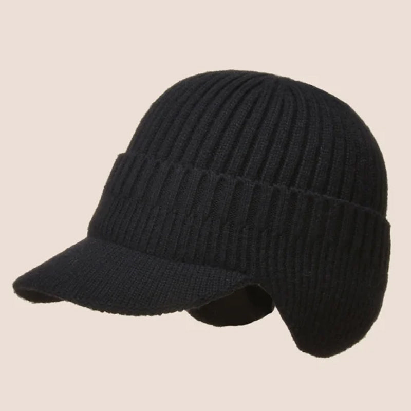 Display of a navy acrylic knit beanie hat with effective ear protection.