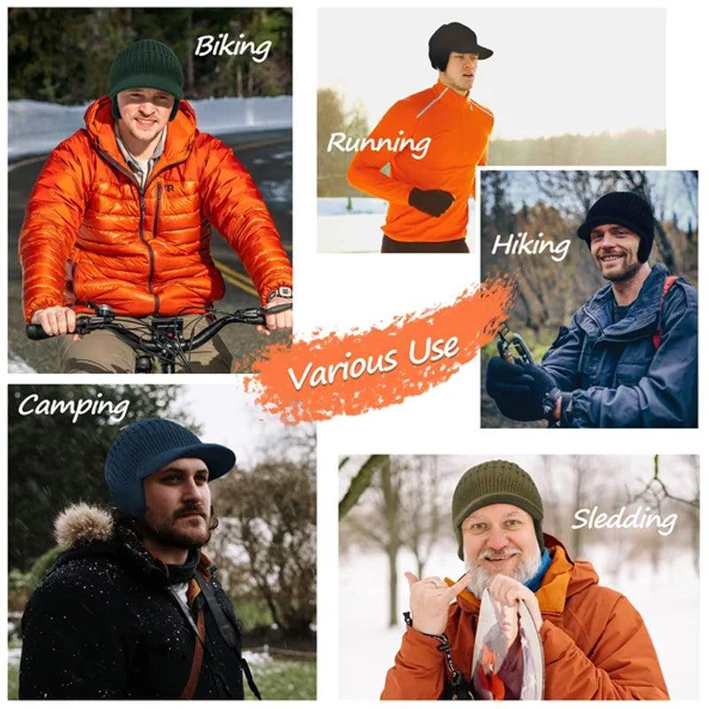 Unisex winter headwear: black knitted beanie with extended ear protection.