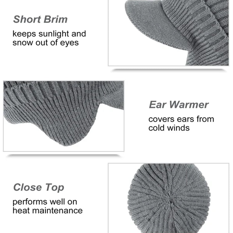 Detail of the knit pattern on a warm beanie hat with ear covering feature.