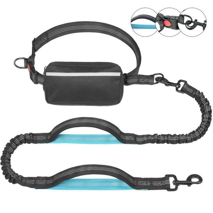 Reflective nylon hands-free dog leash with adjustable waist belt and storage pouch
