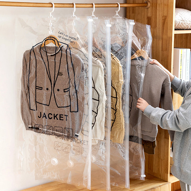 Unisex hanging vacuum storage bag, clear, full of clothes, compression visible, closet organization solution