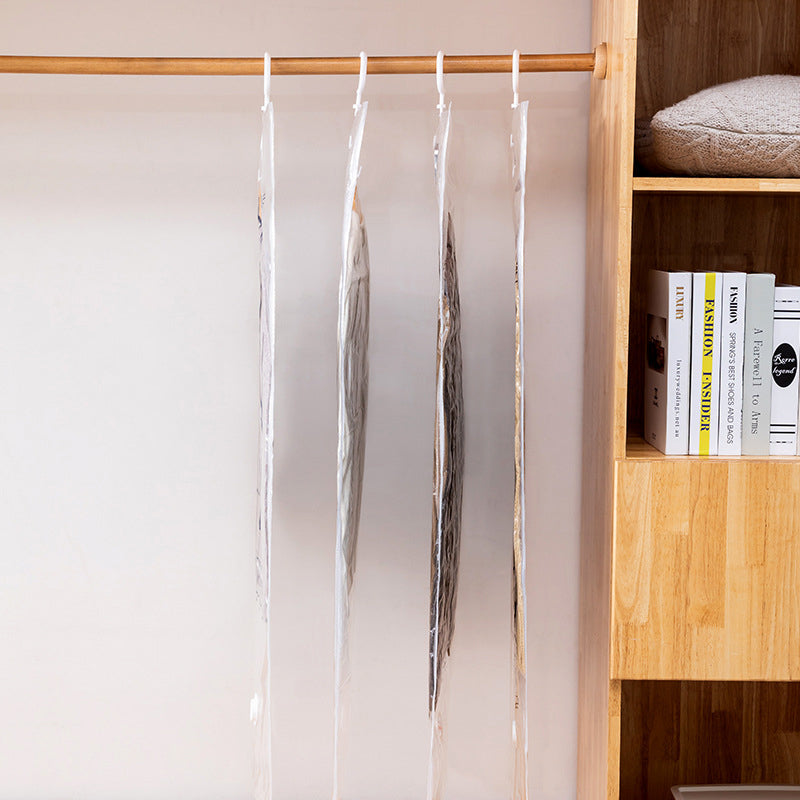 Hanging vacuum seal bags protecting seasonal clothing, ideal for long-term storage and organization