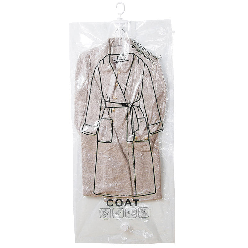 Stack of folded hanging vacuum storage bags with clothing, ready for travel or moving