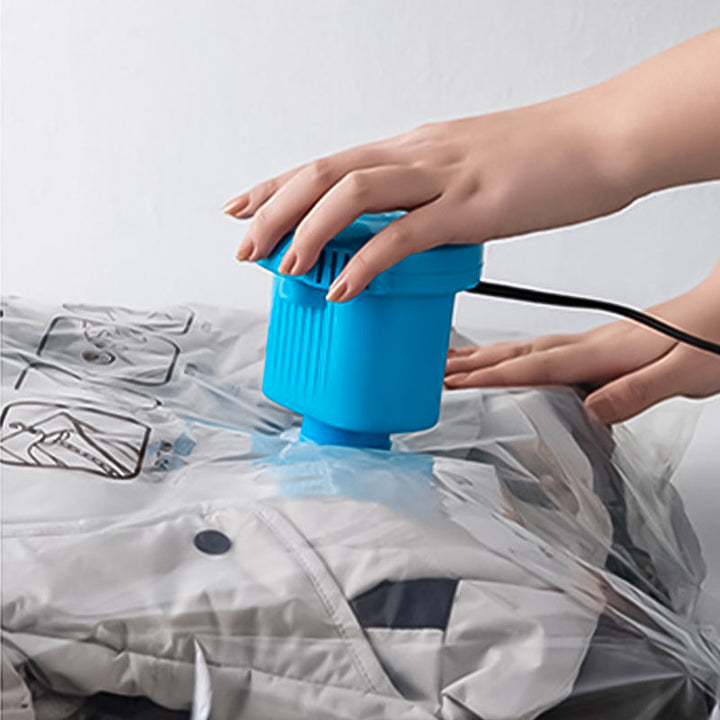 Vacuum compressed garments inside a hanging storage bag, maximizing closet space, clothes protected