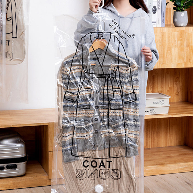 Hanging vacuum storage bag with hook, securely sealed, protecting clothing from dust and moisture