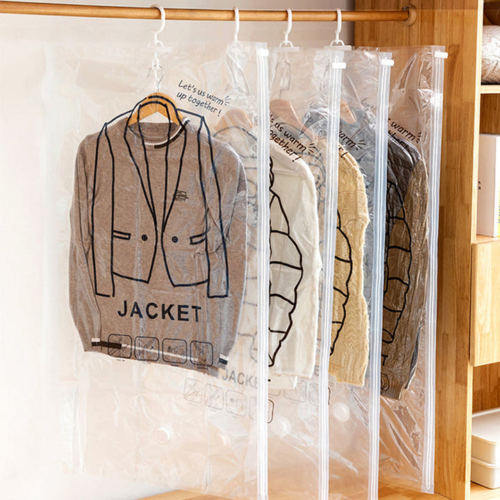 Comparison image: cluttered closet vs. organized closet with hanging vacuum storage bags