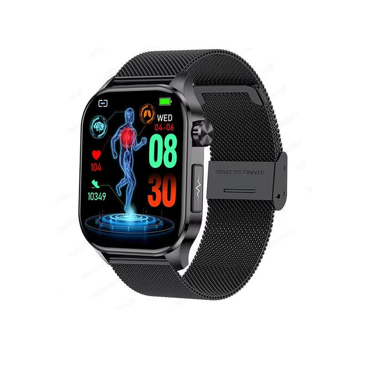 All-in-one health smartwatch for seniors: BP, HR, BS monitoring, fitness, and emergency help.