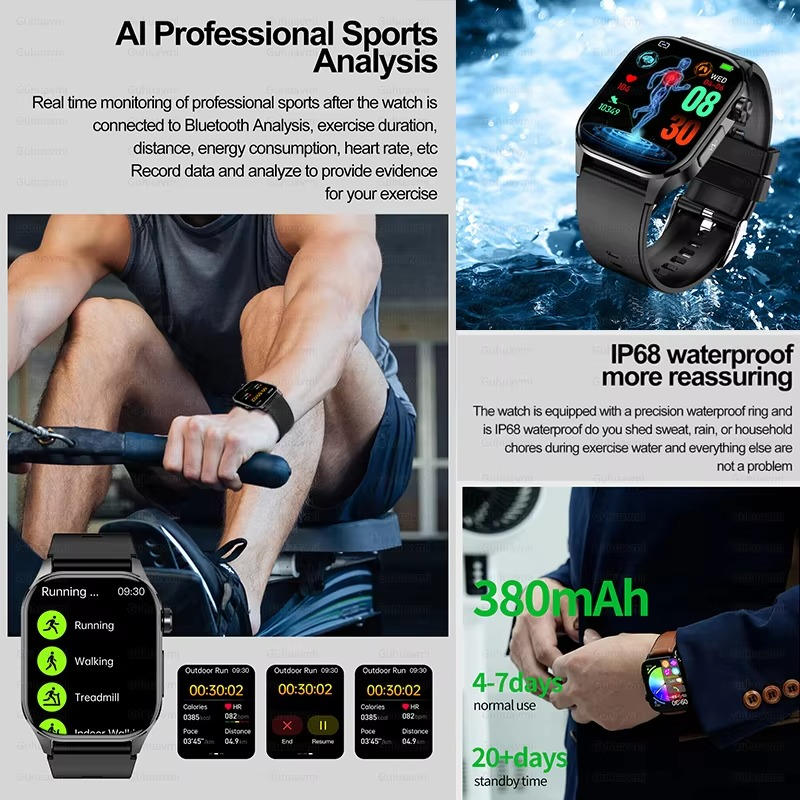 Senior care smartwatch tracking blood pressure, blood sugar, and heart rate accurately for elderly health.