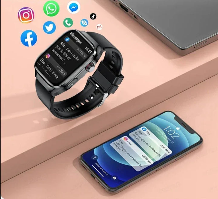 Modern digital smartwatch featuring blood sugar, ECG, and health vital monitoring.