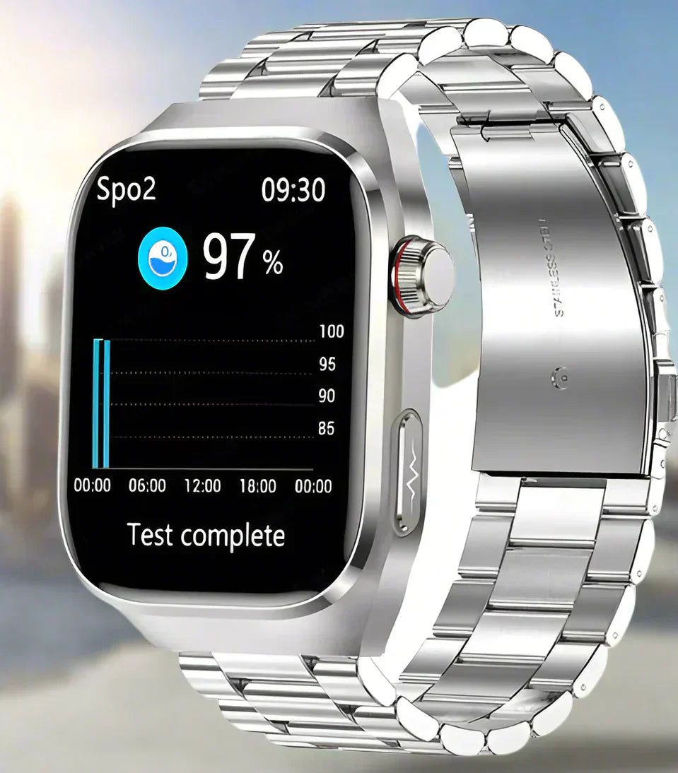 Smartwatch displaying blood sugar, ECG, and vital signs on a wrist.
