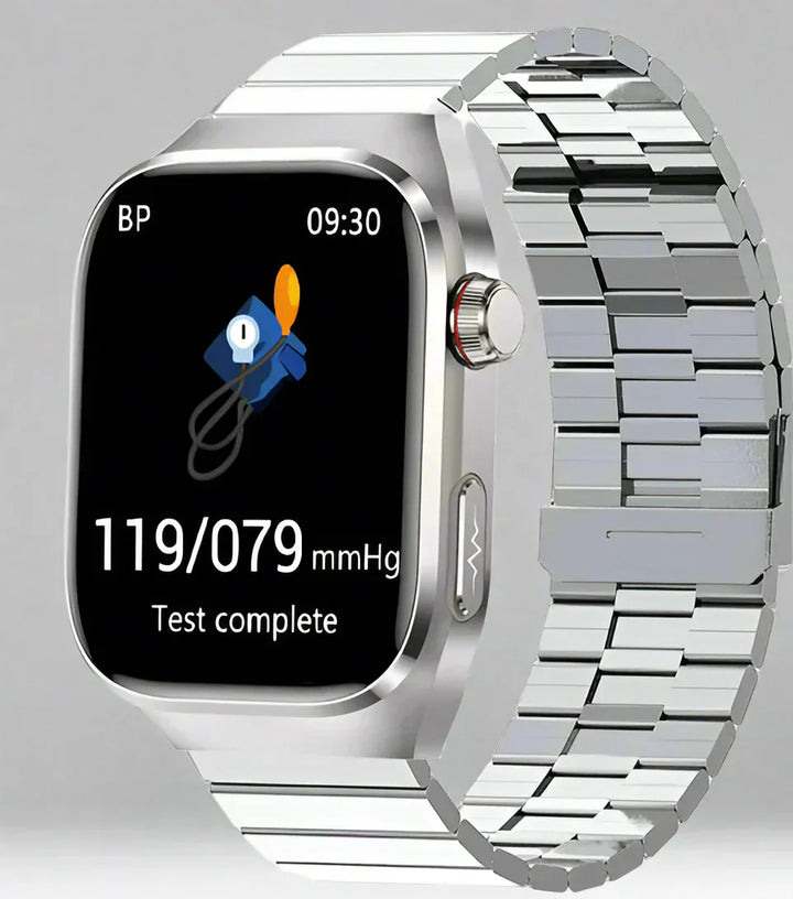 Fitness tracker smartwatch with blood sugar monitoring, ECG, and activity tracking.