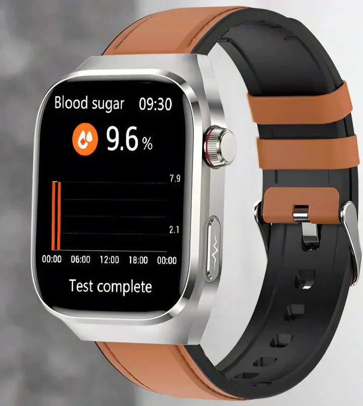 Bluetooth health smartwatch for real-time blood sugar, ECG, and wellness data.