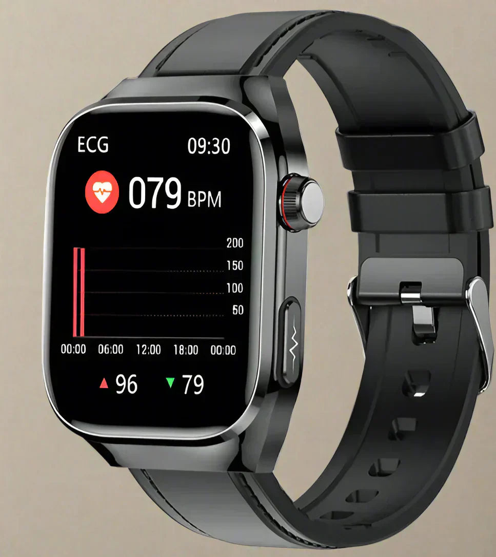 Advanced digital smartwatch with blood sugar, ECG, uric acid, and heart rate monitor.