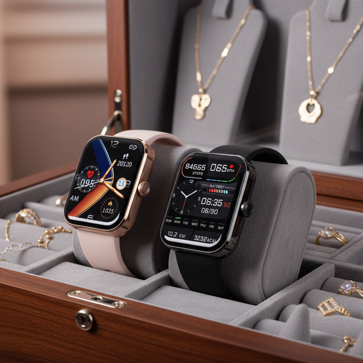 Smart health watch, tracking vital signs including heart rate, sleep, and blood pressure daily.