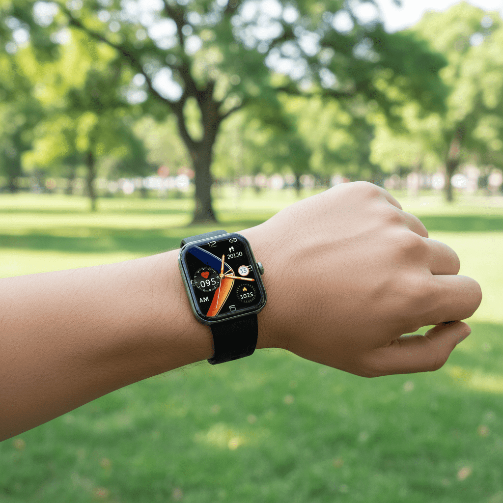 Modern unisex fitness tracker & wellness device for daily monitoring of key health metrics.