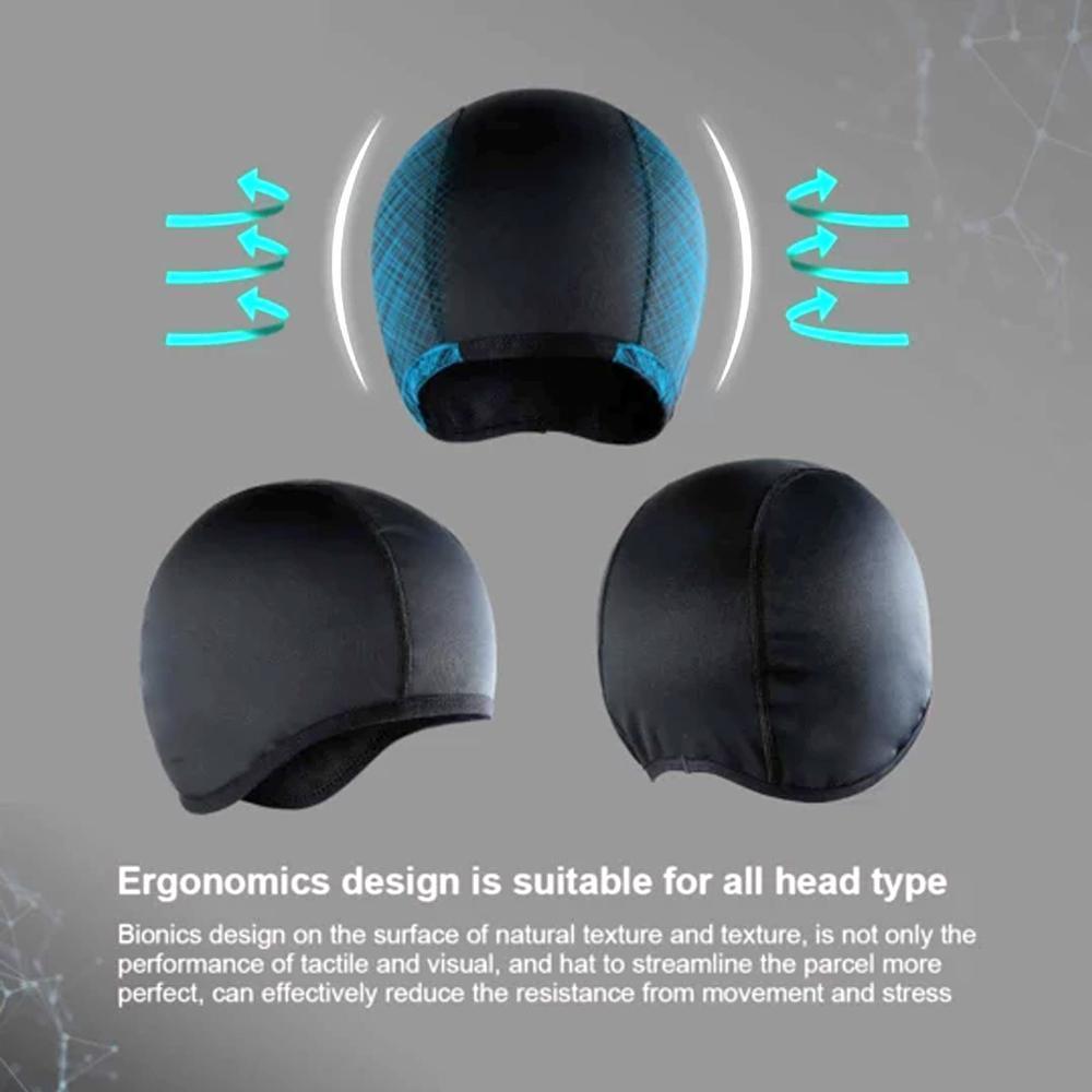 Man wearing a black helmet cooling cap, designed for comfortable motorcycle or cycling use