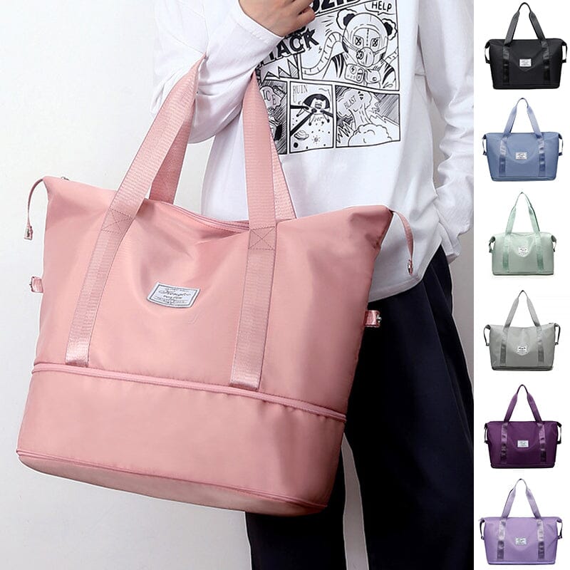 Travel duffel features double-layer design, perfect for wet separation of items, airport ready