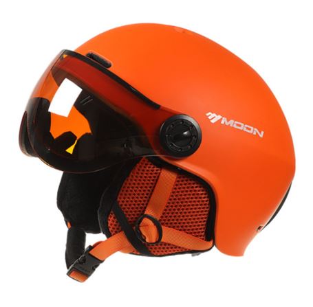 Protective unisex ski helmet, black, with removable chin strap & ear pads for winter sports.