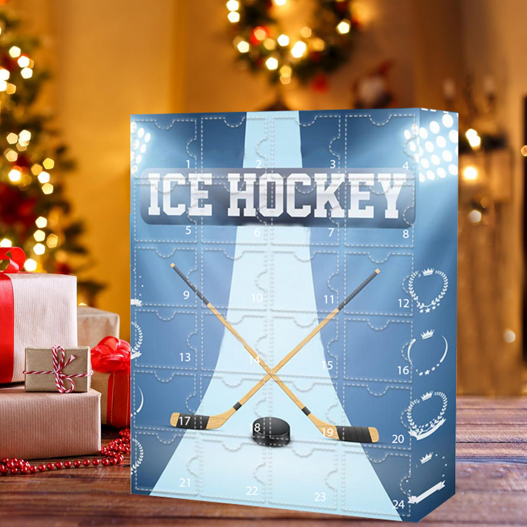 Close-up of Unisex Hockey Fan Advent Calendar 2024, showing festive design and numbered doors for gifts