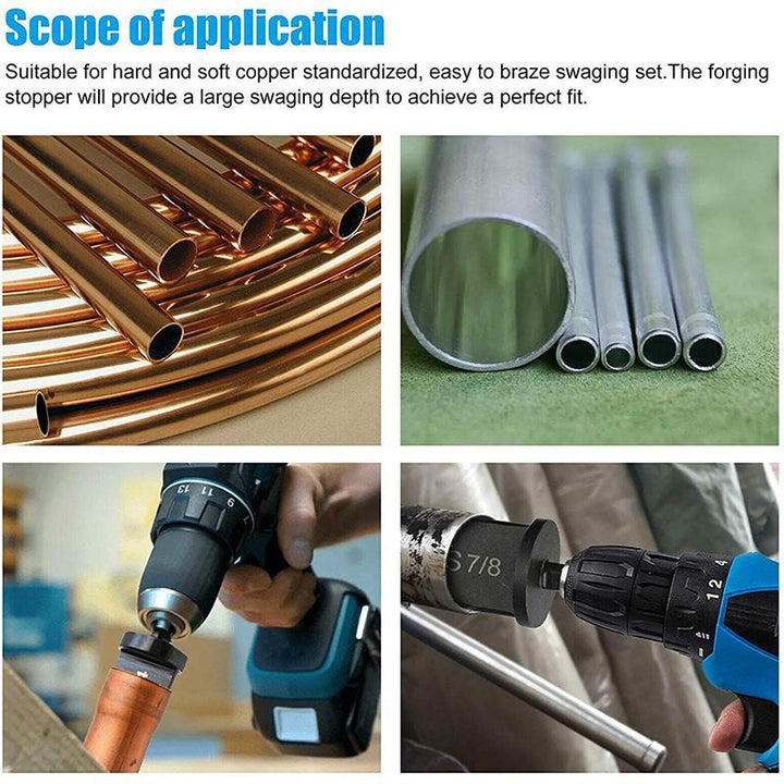 Efficient copper pipe swaging drill bits, hand tools for HVAC and refrigeration