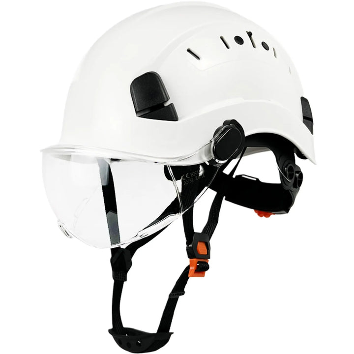 Rescue equipment ready, industrial safety helmet with integrated visor, goggles & face shield.