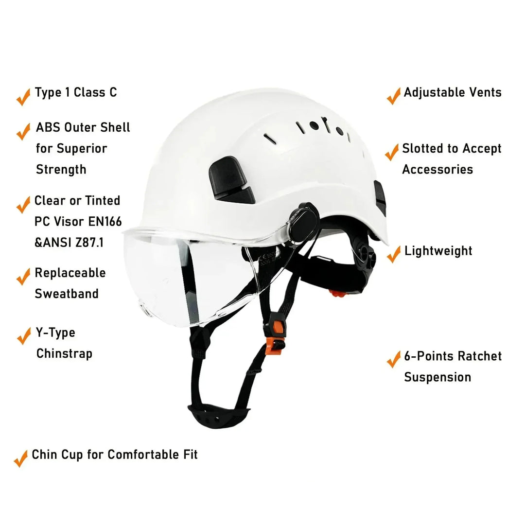 ABS plastic ANSI certified hard hat for industrial safety with integrated face shield.