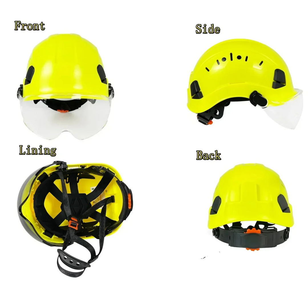 Construction work gear safety helmet with eye protection & integrated visor.