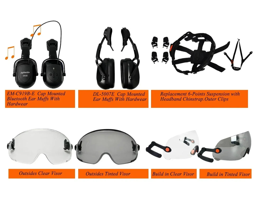 Industrial hard hat featuring integrated goggles, face shield & rescue equipment.