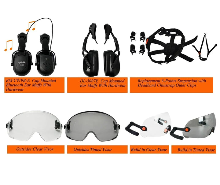Industrial hard hat featuring integrated goggles, face shield & rescue equipment.