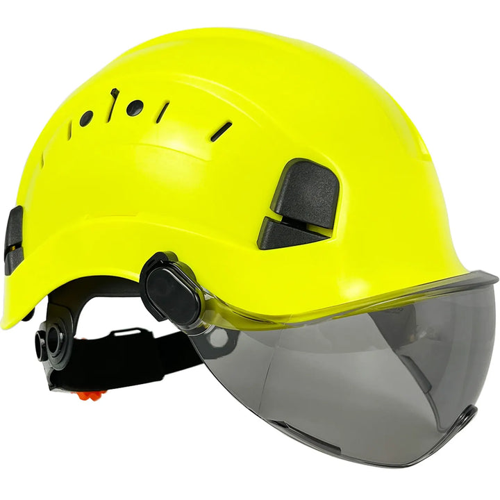 Protective unisex safety helmet, durable ABS, integrated visor & eye protection.